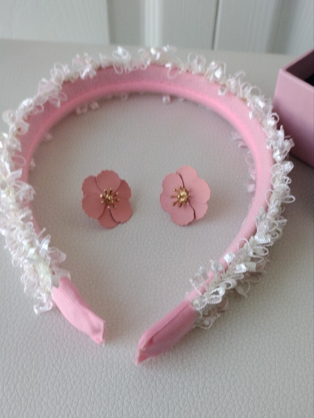 Elegant Pink Floral Earrings And Headband